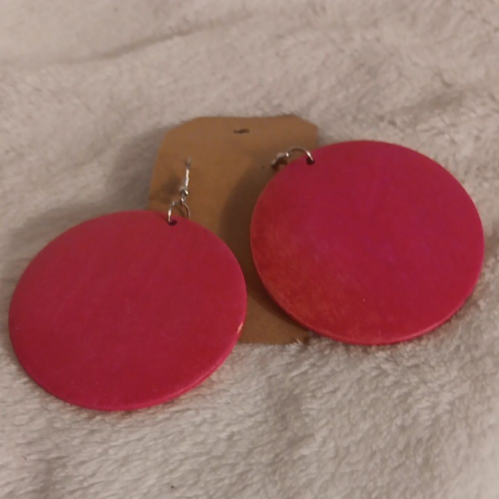 Pink Round Wooden Pierced Earrings
